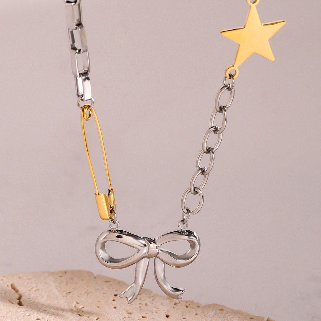 18K Gold and Silver Starry Bow Pendant Pearl Safety Pin Chain Necklace