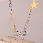 18K Gold and Silver Starry Bow Pendant Pearl Safety Pin Chain Necklace