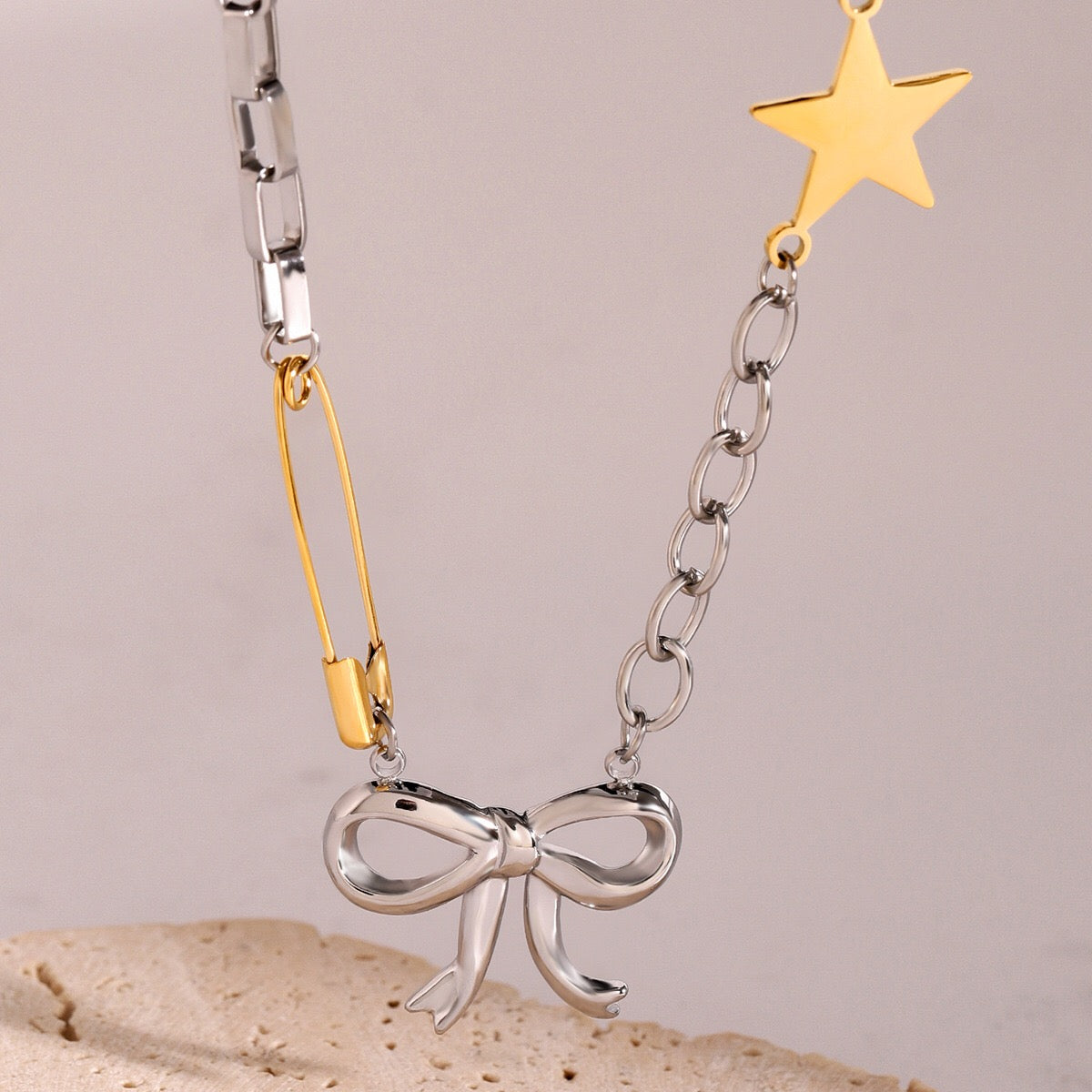 18K Gold and Silver Starry Bow Pendant Pearl Safety Pin Chain Layered Necklace Set