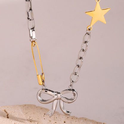 18K Gold and Silver Starry Bow Pendant Pearl Safety Pin Chain Layered Necklace Set