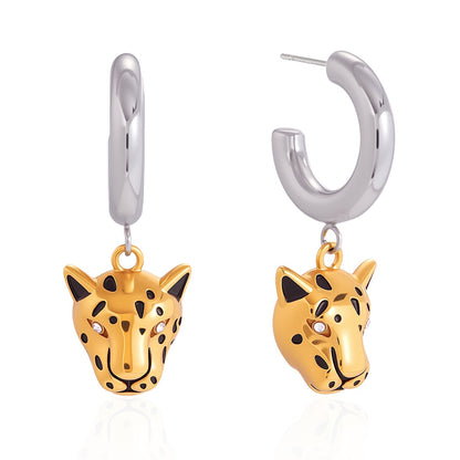 18K Gold and Silver Two Tone Savage Chic Leopard Dangle Hoop Earrings
