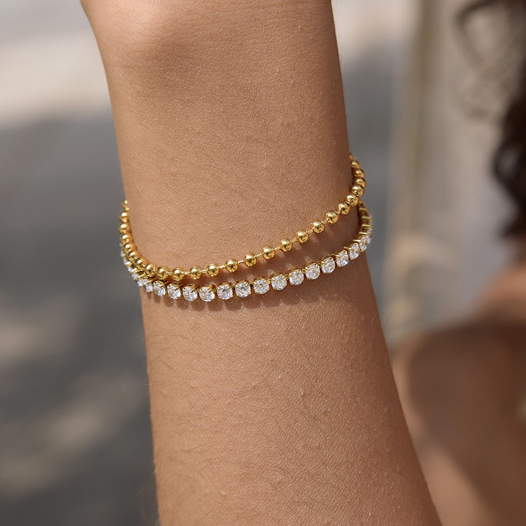 18K Gold The Pairing Simple Tennis Beaded Double Chain Dainty Bracelet Stacks