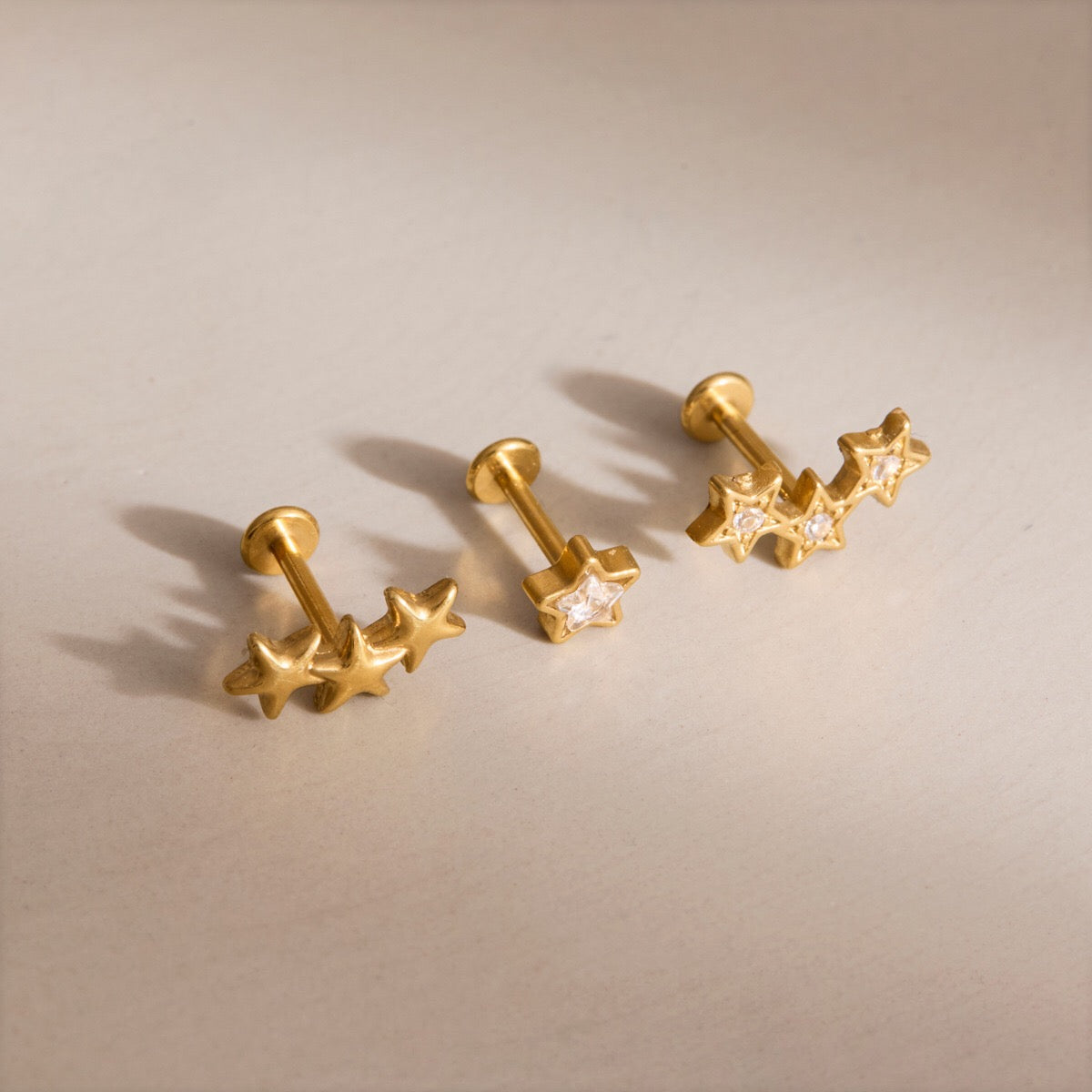 18K Gold Celestial Glow Stars Flat Back Stud Nap Earrings Set