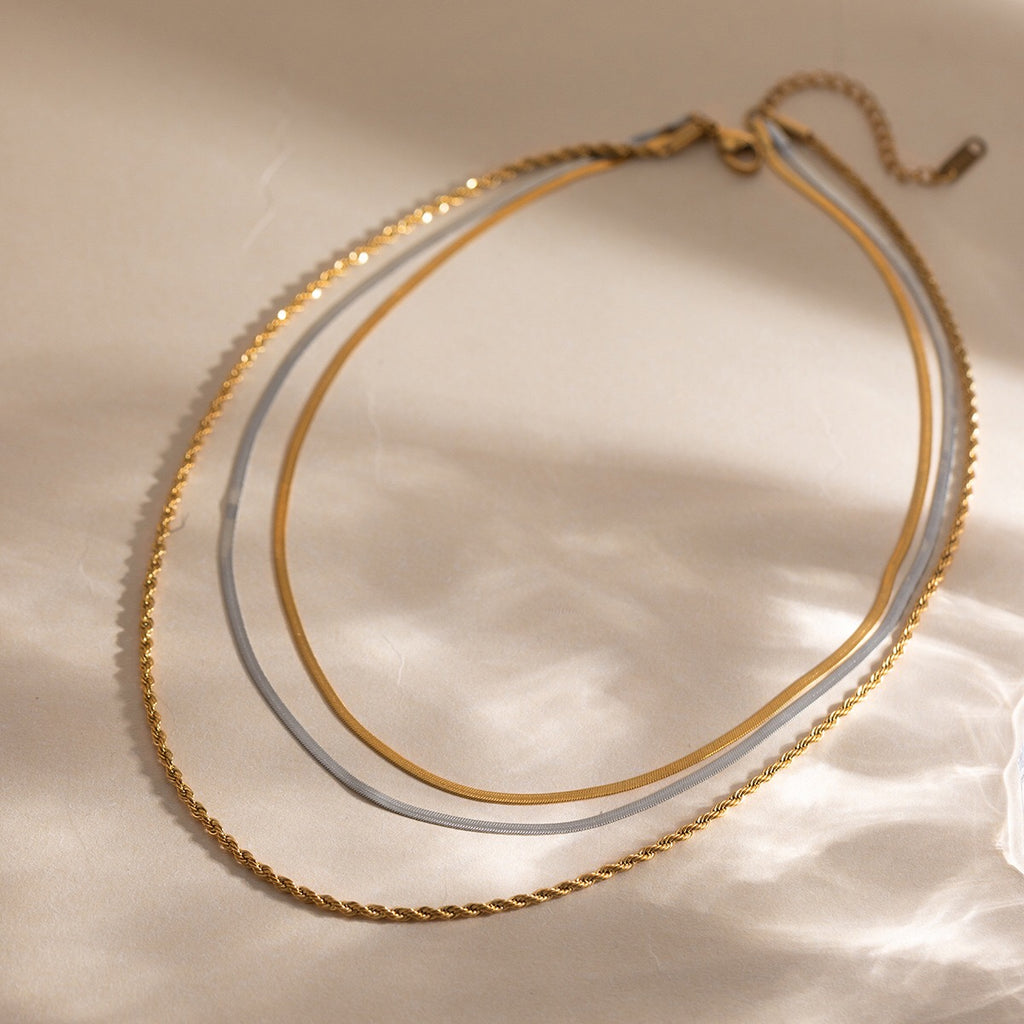 18K Gold and Silver Two Tone Herringbone Snake Rope Chain Layered Necklace Set