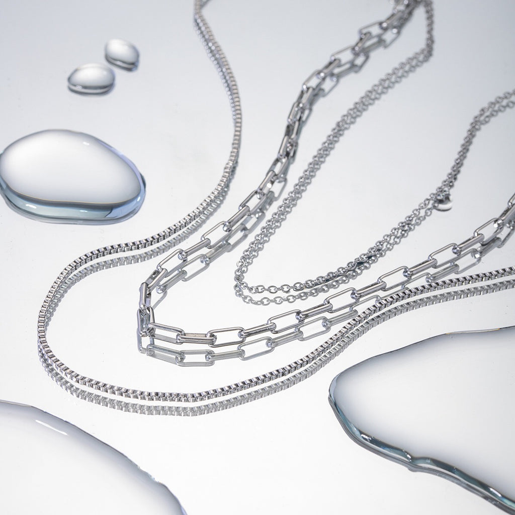The Essential Stack Silver Paperclip Box Chain Layered Necklace Set