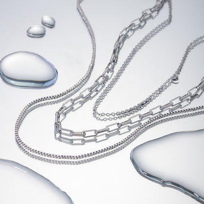 The Essential Stack Silver Paperclip Box Chain Layered Necklace Set