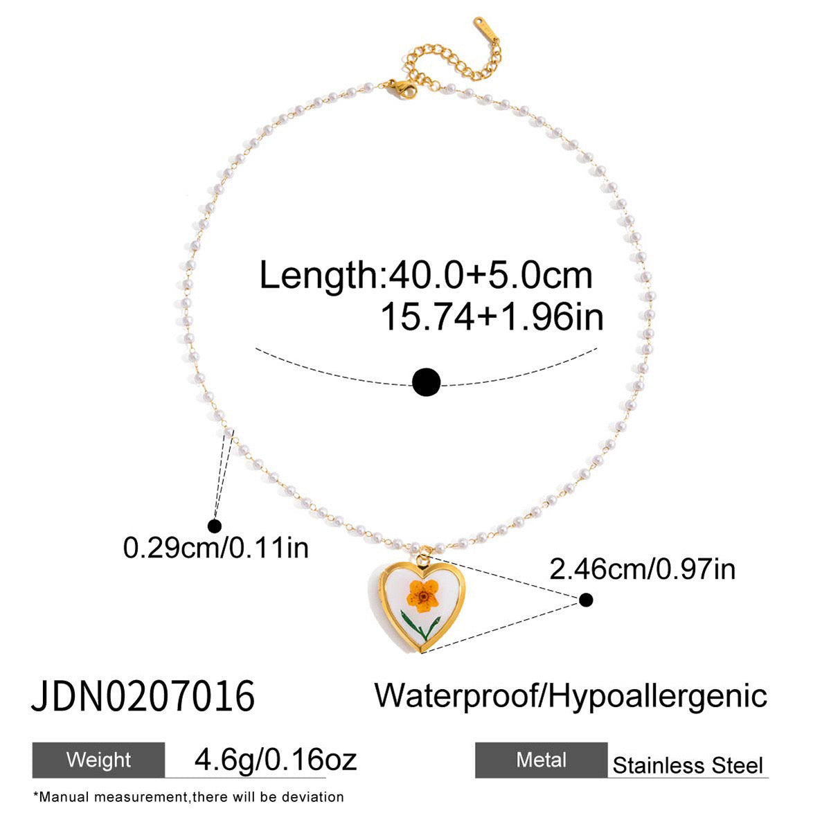 18K Gold Flower Heart Locket Pendant Pearl Chain Necklace