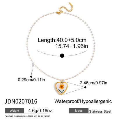 18K Gold Flower Heart Locket Pendant Pearl Chain Necklace