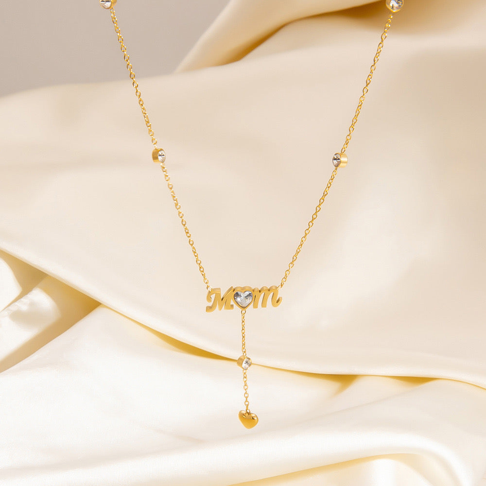 18K Gold Bling Mom CZ Lariat Necklace