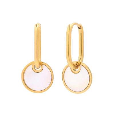 18K Gold Mother of Pearl Coin Square Hoop Huggie Earrings with Charm