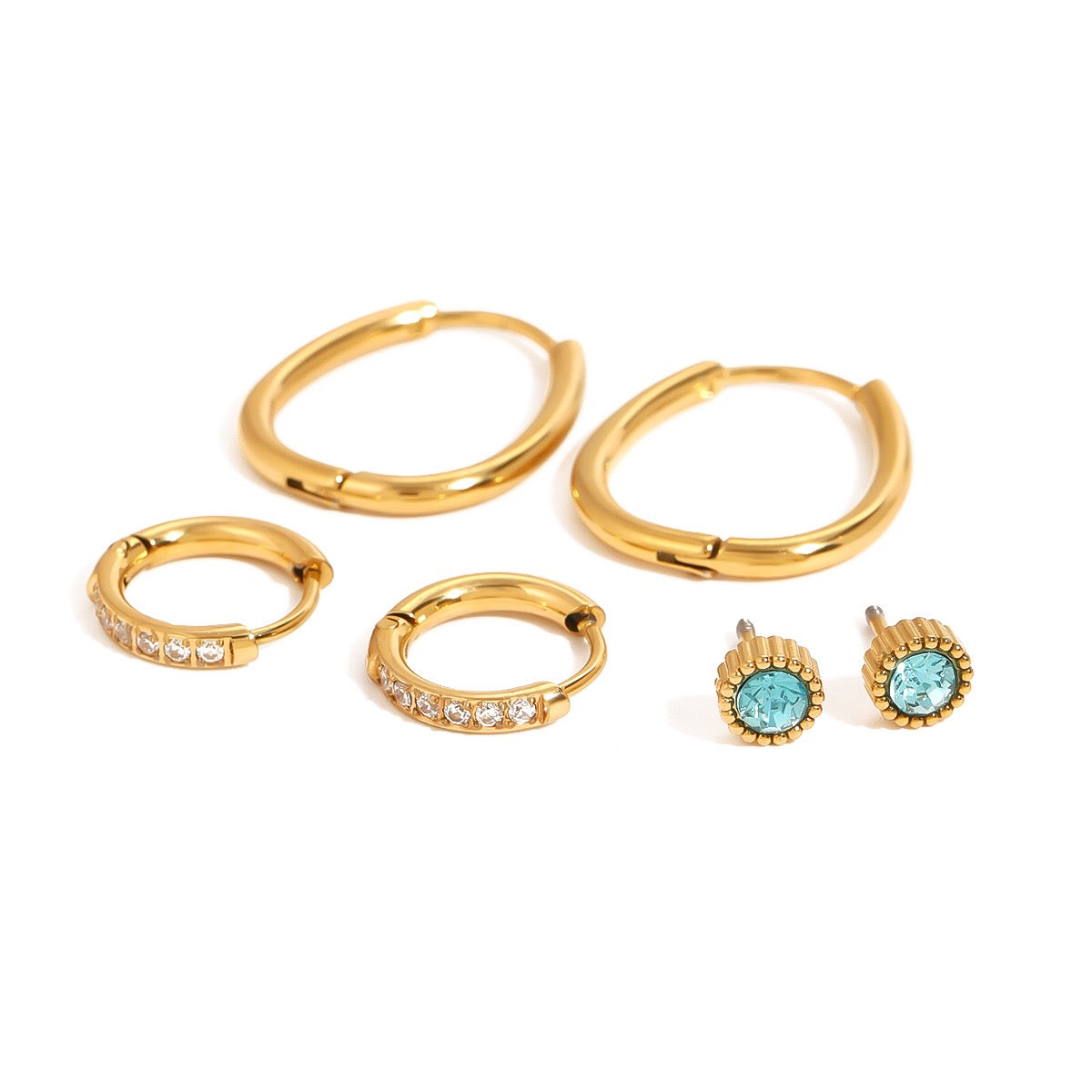 18K Gold Refined Aquamarine Huggie Hoop Earrings Cartilage Ear Studs Set