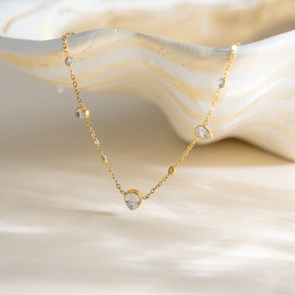 18K Gold Crystal Tear Teardrop Bezel Dainty CZ Necklace