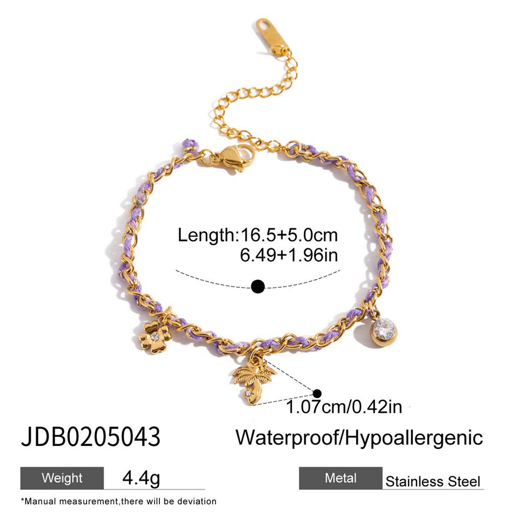 18K Gold Palm Tree Charm Purple Chain Wristband Bracelet Stack