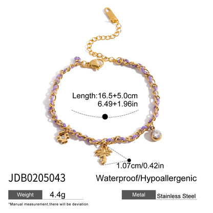 18K Gold Palm Tree Charm Purple Chain Wristband Bracelet Stack
