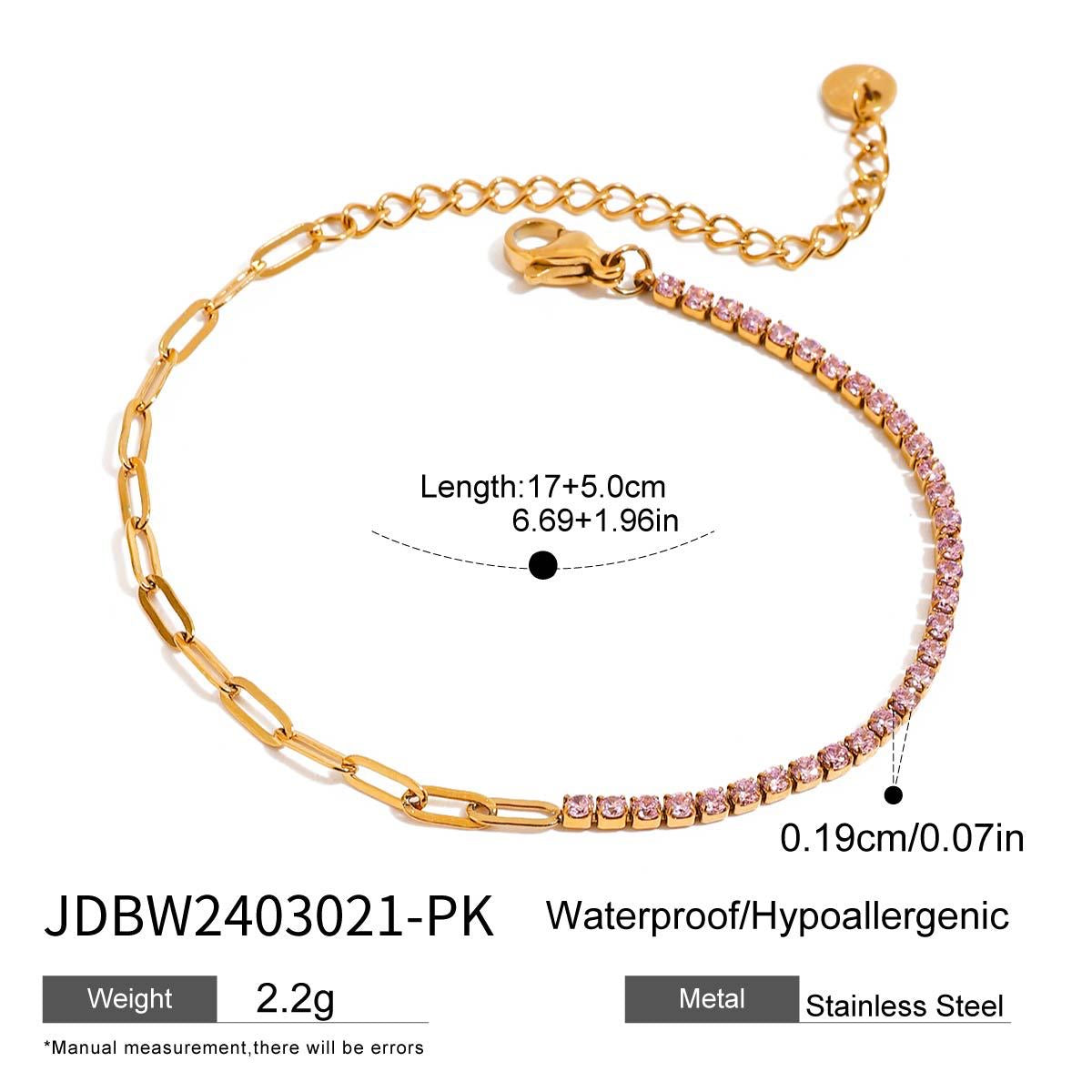 18K Gold Pink Jewel Paperclip Chain Dainty Tennis Bracelet