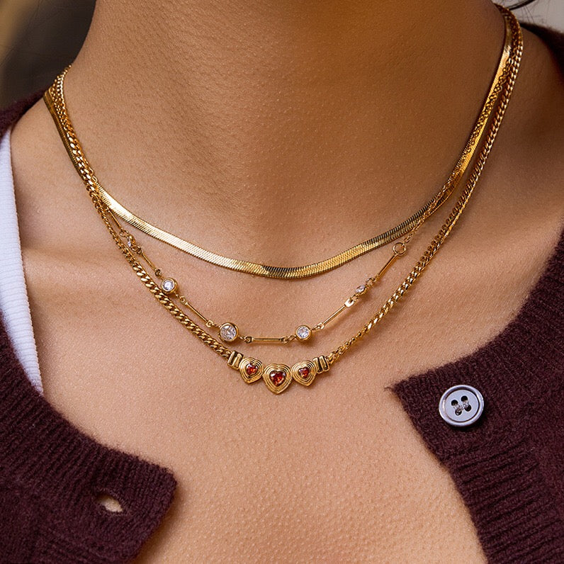 18K Gold Crimson Crush Red Pink Heart Cuban Link Chain Necklace