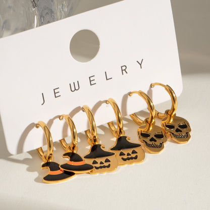 18K Gold Halloween Pumpkin Skull Small Hoop Huggie Earrings with Charm
