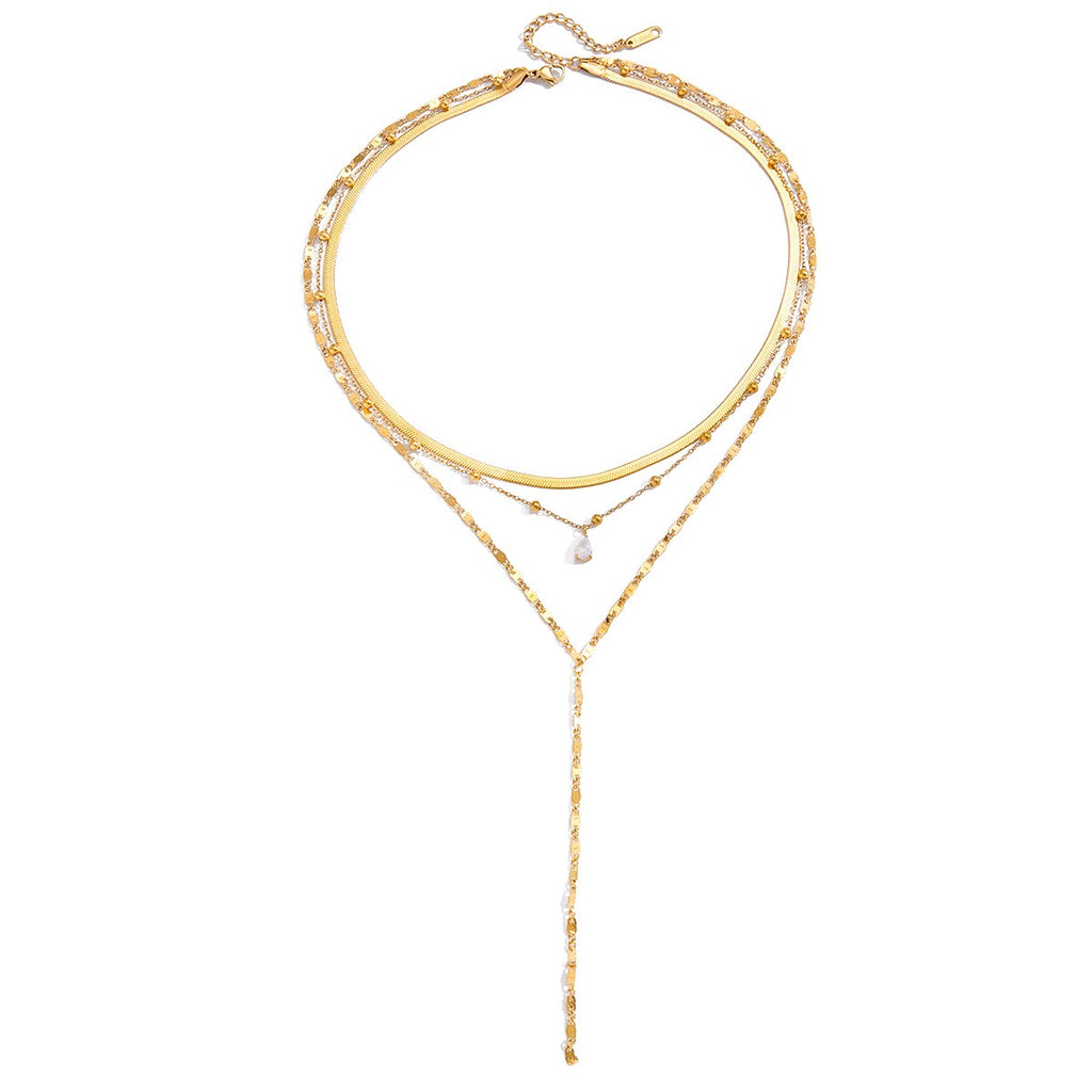 18K Gold Cascade Herringbone Snake Chain Lariat Layered Necklace Set