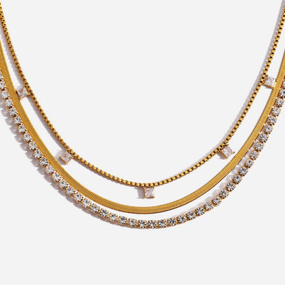 18K Gold Lavish Tennis Herringbone Snake Chain Dainty Layered Necklace Set