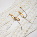 18K Gold and Silver Two Tone Paperclip Chain Mismatched Dangle Drop Stud Earrings