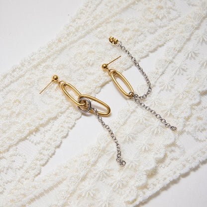 18K Gold and Silver Two Tone Paperclip Chain Mismatched Dangle Drop Stud Earrings