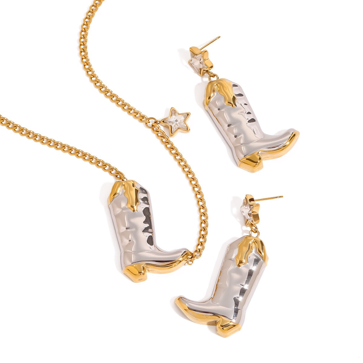 18K Gold and Silver Two Tone Rodeo Star Cowboy Boot Stud Dangle Earrings