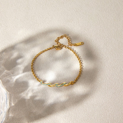 18K Gold Ocean Whisper Pave Blue Wave Dainty Chain Bracelet
