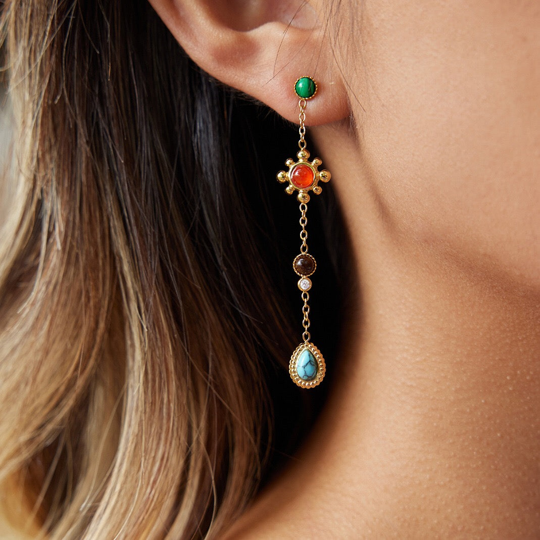 18K Gold Turquoise Gemstone Lure Stud Drop Earrings