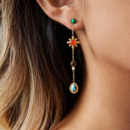 18K Gold Turquoise Gemstone Lure Stud Drop Earrings