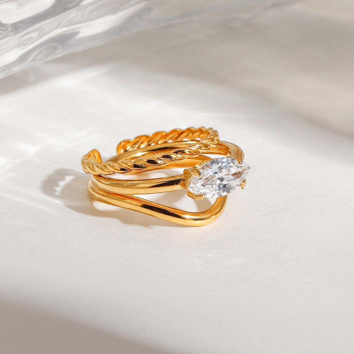 18K Gold Goddess Glow Four Leaf Clover Stacking Rings Set