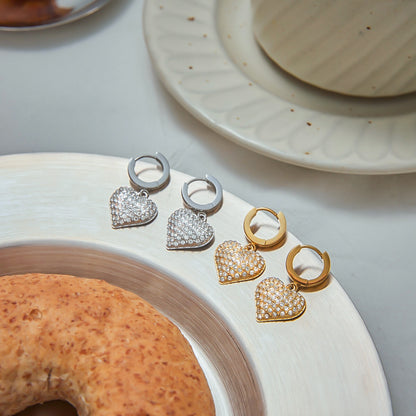 18K Gold Affection Pave Heart Dangle Small Hoop Huggie Earrings