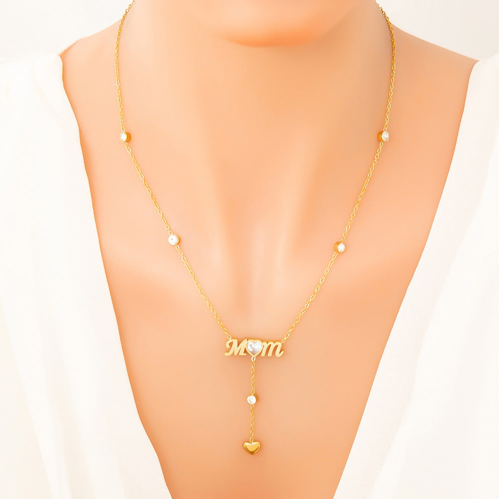 18K Gold Bling Mom CZ Lariat Necklace