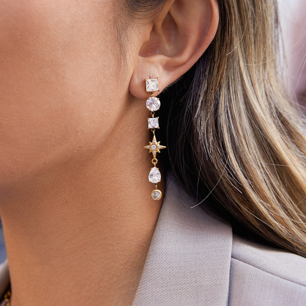 18K Gold Cosmic Cascade Star Statement Drop Earrings