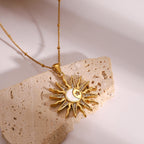 18K Gold Bright Sun Pendant Statement Long Necklace