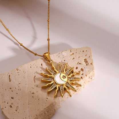18K Gold Bright Sun Pendant Statement Long Necklace