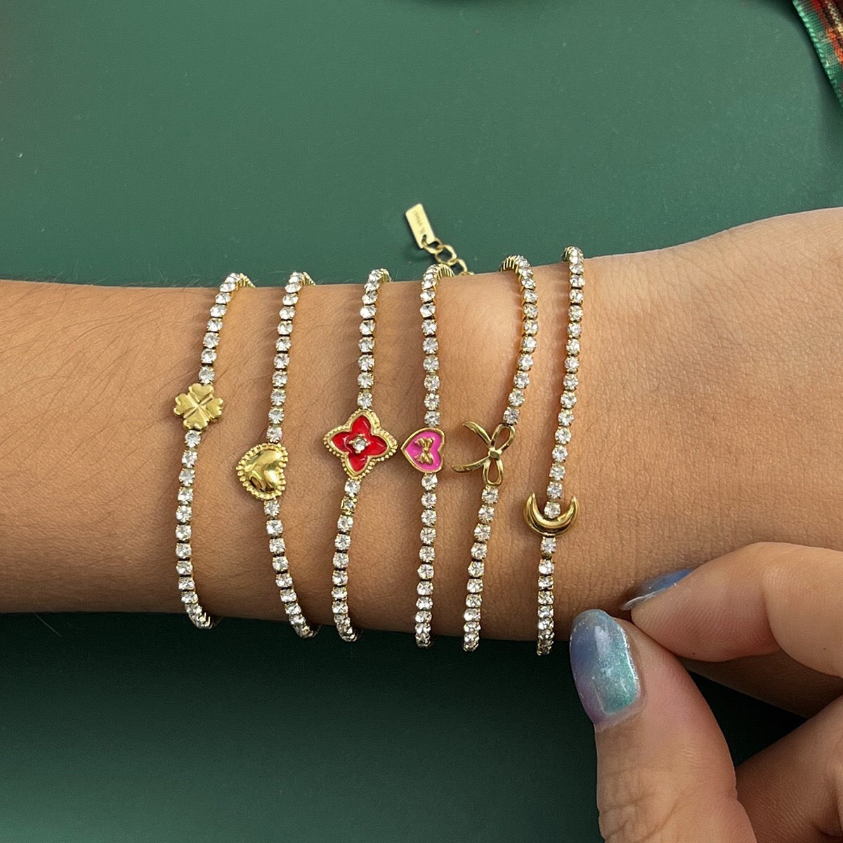 18K Gold Modern Fairytale Heart Bow Moon Clover Tennis Bracelet