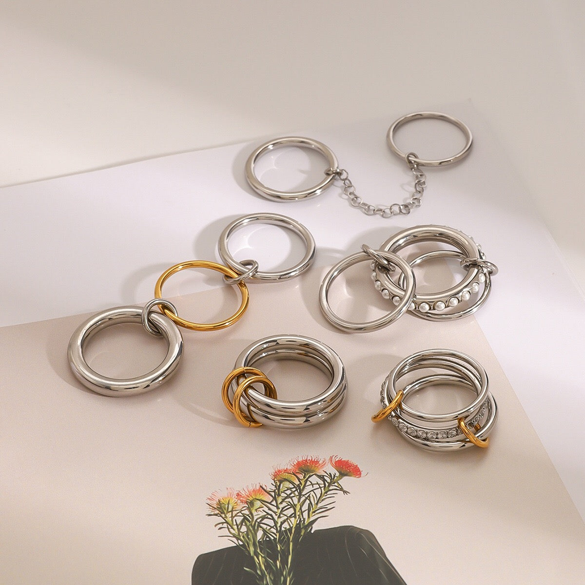 18K Gold Two Tone Connected Multi Layers Spinelli Stacking Rings
