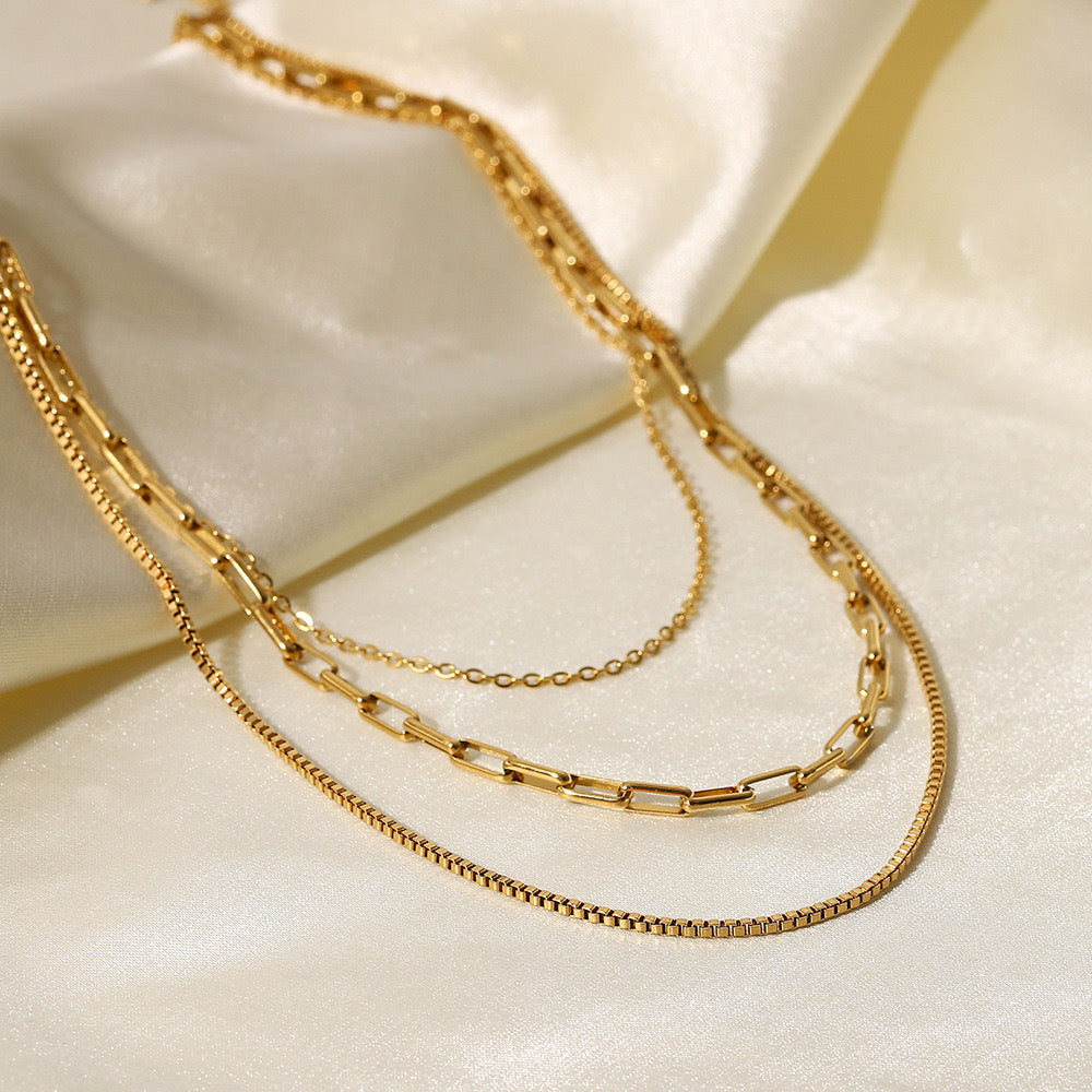 18K Gold Paperclip Box Chain Layered Necklace