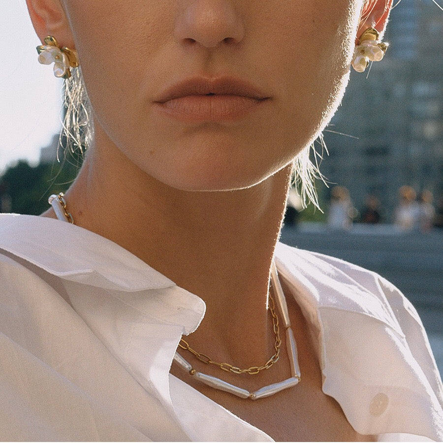 18K Gold Elegance Long Paper Clip Chain Layered Necklace Set