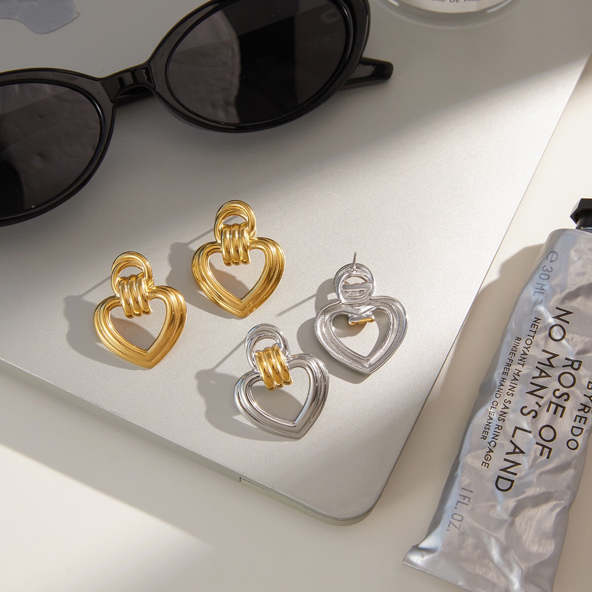 18K Gold Abstract Love Geometric Heart Statement Stud Earrings
