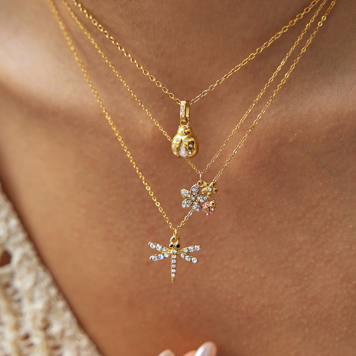18K Gold Enchanted Garden Pave Dragonfly Ladybug Flower Dainty Pendant Necklace