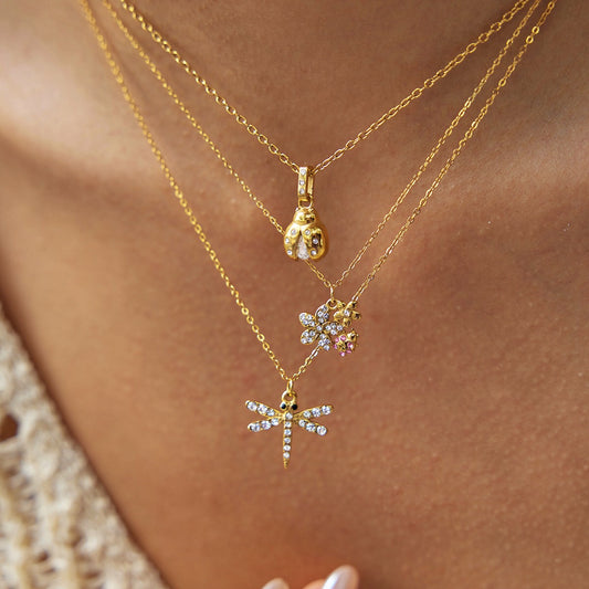 18K Gold Enchanted Garden Pave Dragonfly Ladybug Flower Dainty Pendant Necklace