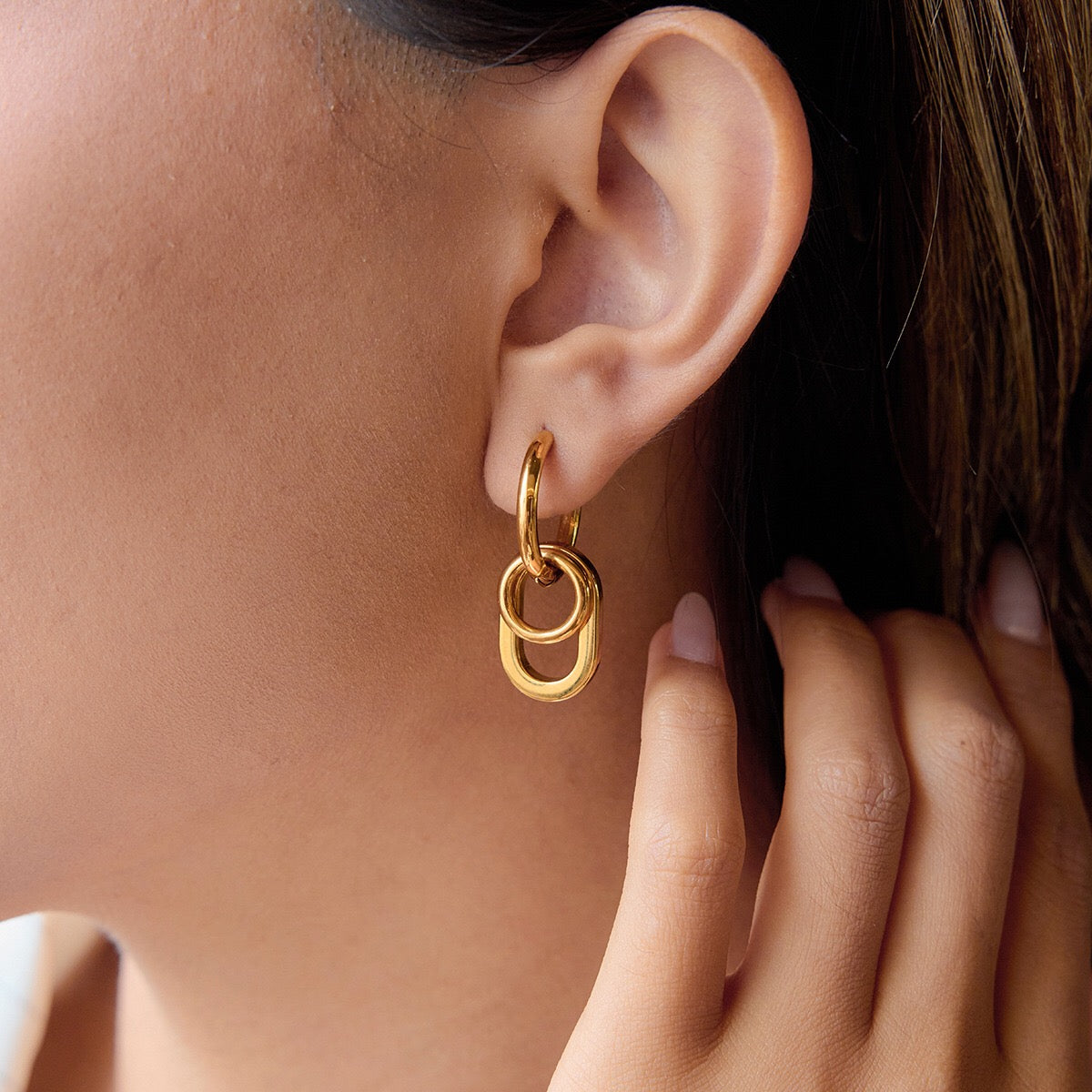 18K Gold and Silver Two Tone Trinity Small Hoop Dangle Huggie Earrings