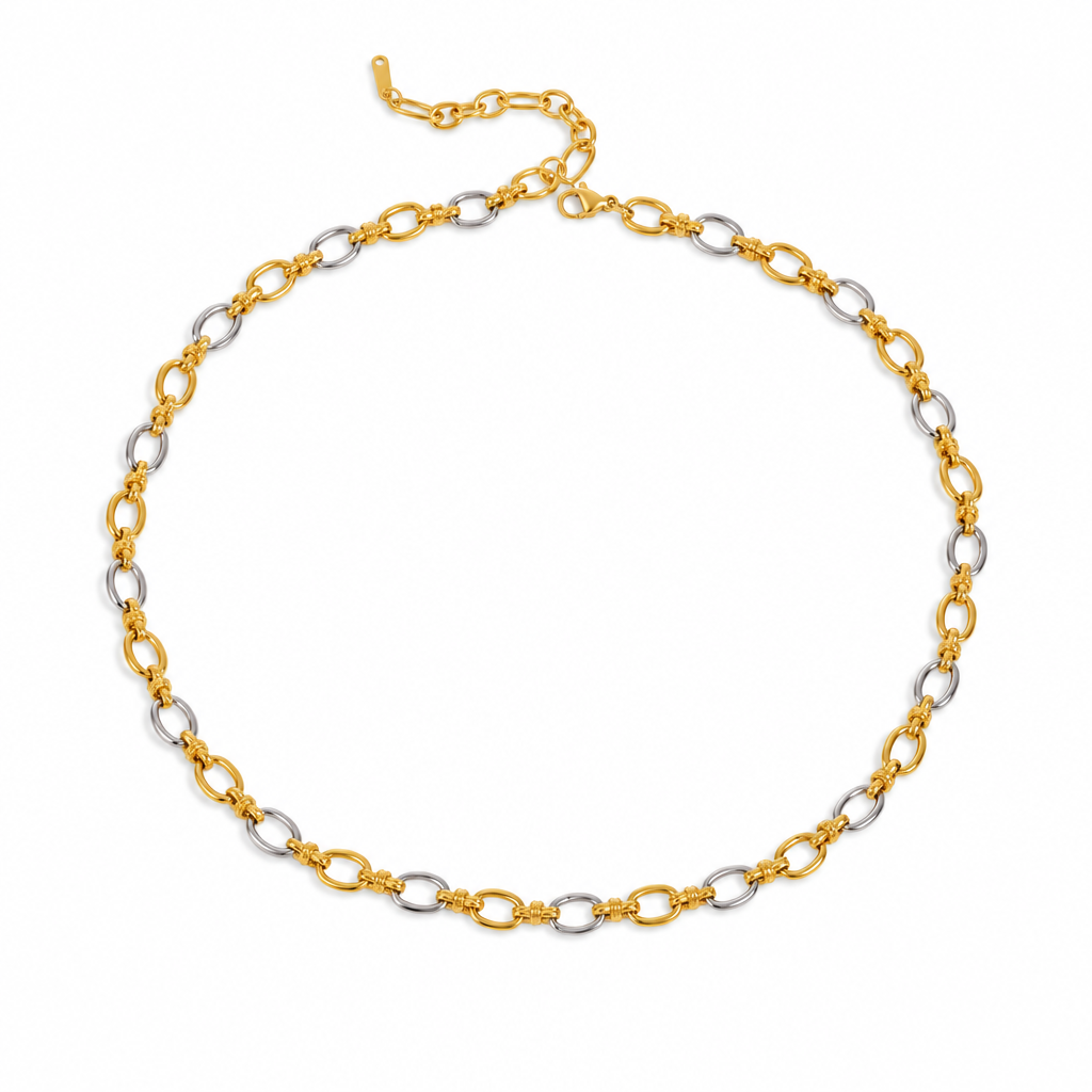 Two Tone Tangled Up Circle Chain Necklace & Bracelet Set