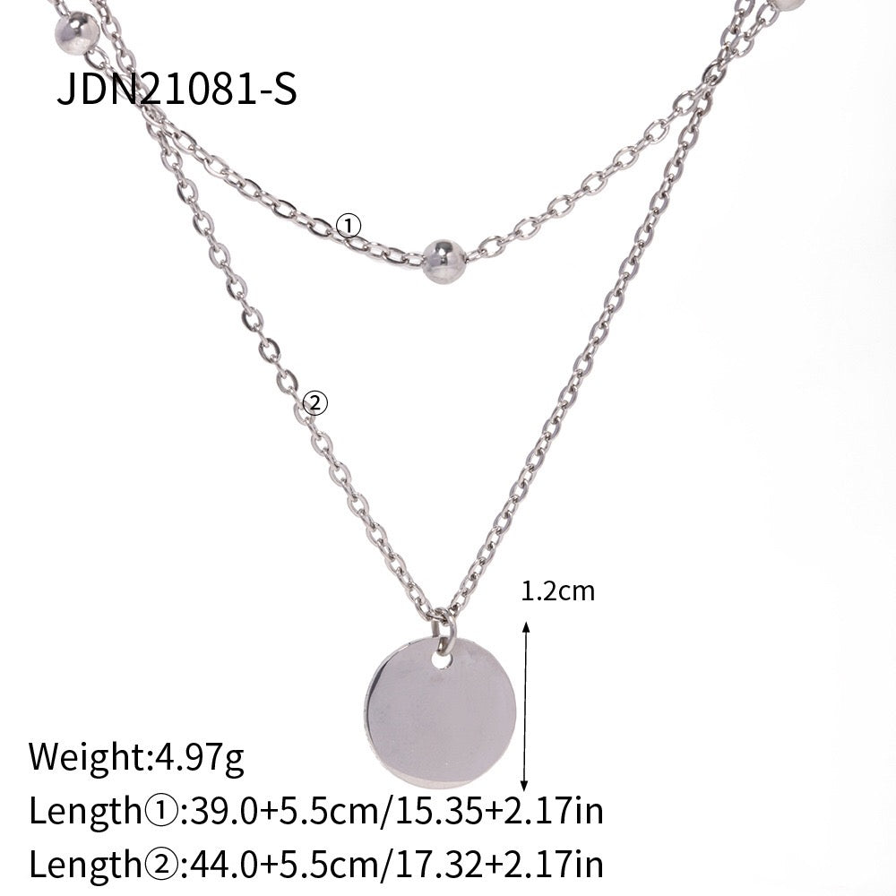 18K Gold Quiet Desire Disc Pendant Dainty Double Chain Layered Necklace