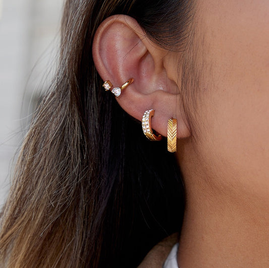 18K Gold Modern Bling Textured Small Hoop Huggie Earrings Ear Cuffs Stack