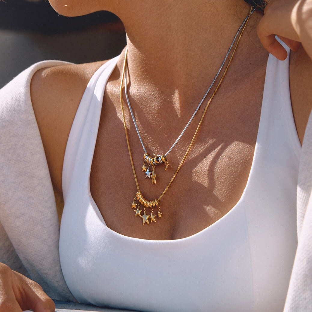 18K Gold and Silver Two Tone Nova Star Charm Long Necklace