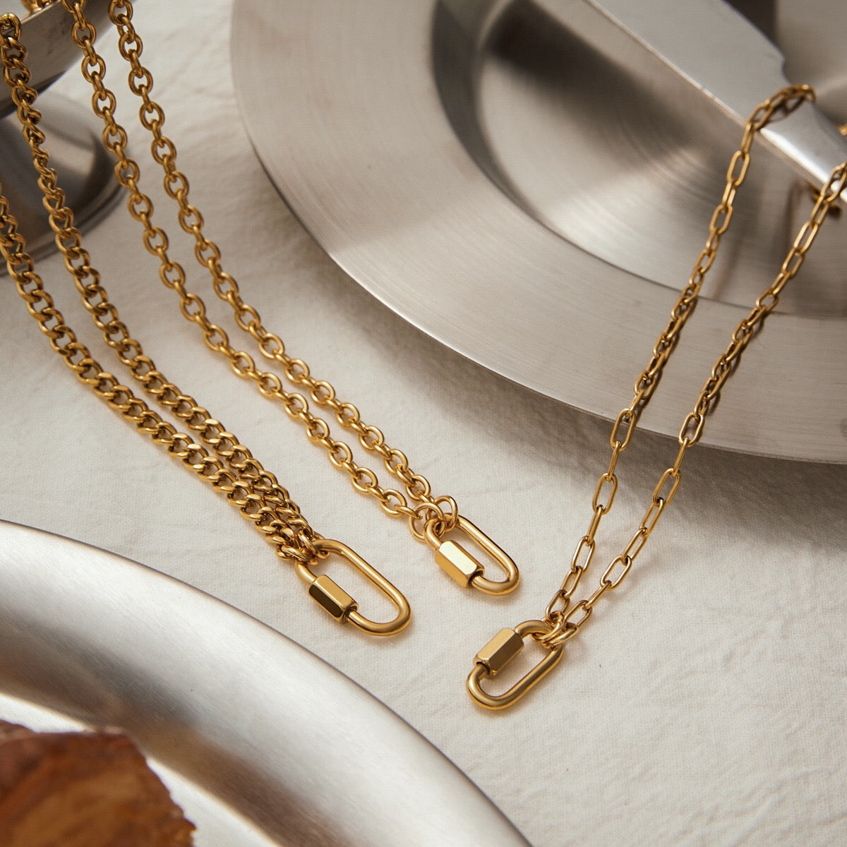 18K Gold Carabiner Paperclip Cuban Link Cable Chain Charm Necklace