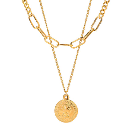 18K Gold Coin Pendant Paperclip Chain Layered Necklace Set