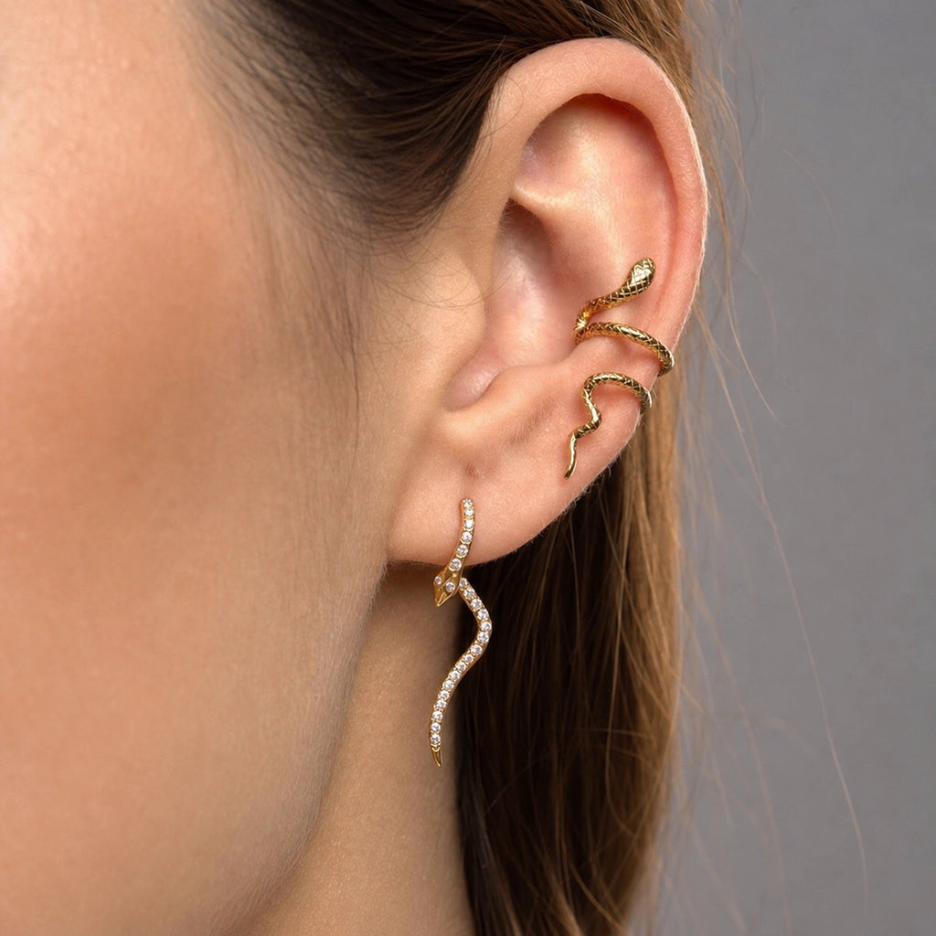 18K Gold Snake Ear Cuff & Stud Earrings Set